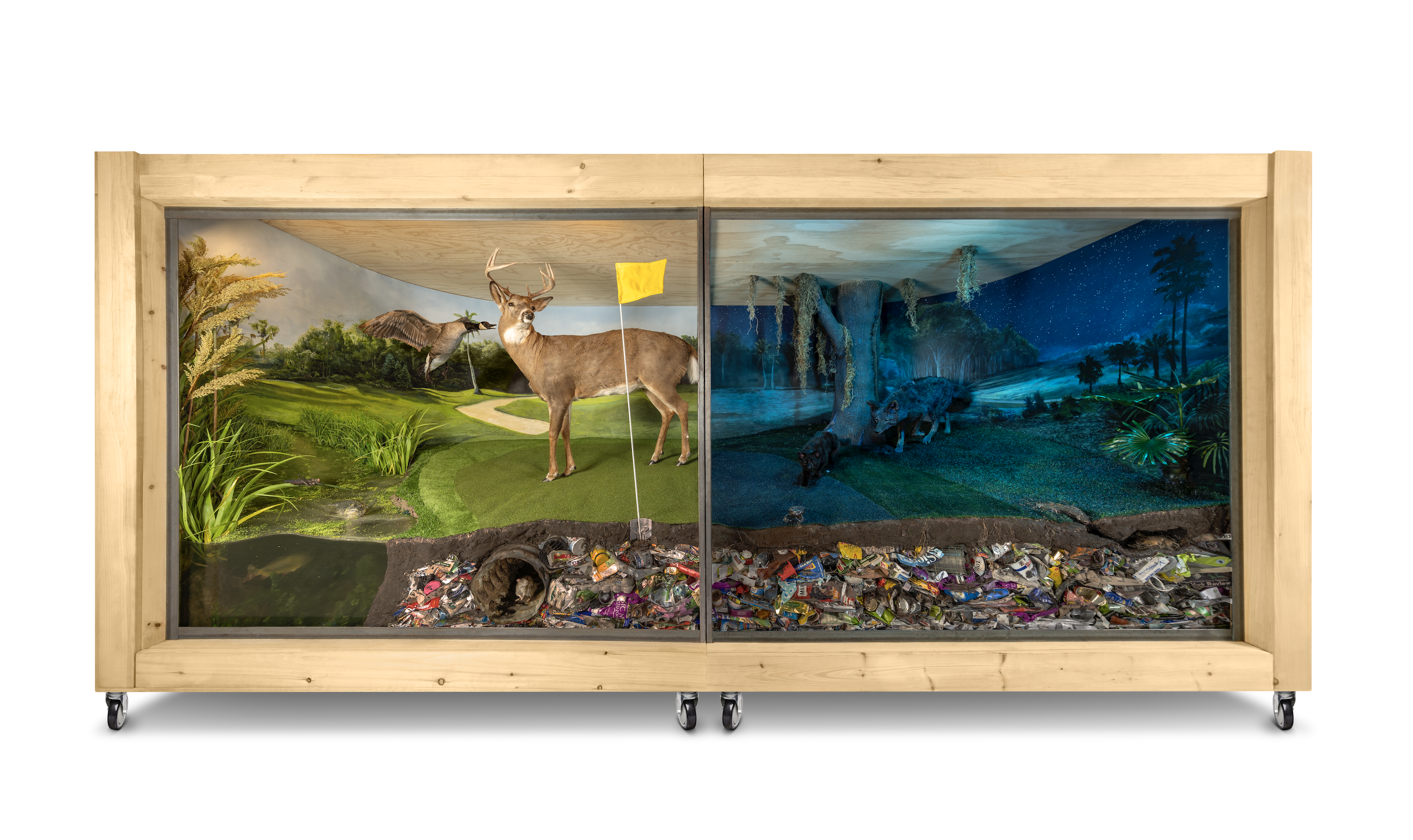 Mark Dion and Alexis Rockman (with Aaron Delehanty, Loud Cow Studio), American Landscape, 2022, mixed-media diorama with taxidermy, found objects, and painted background, 96 inches x 16 feet x 87 inches. Courtesy the artists and American Federation of Arts